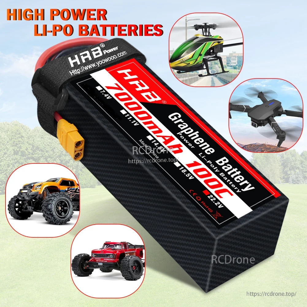 High power Li-Po battery promo graphic with RC car, helicopter and drone use-case icons