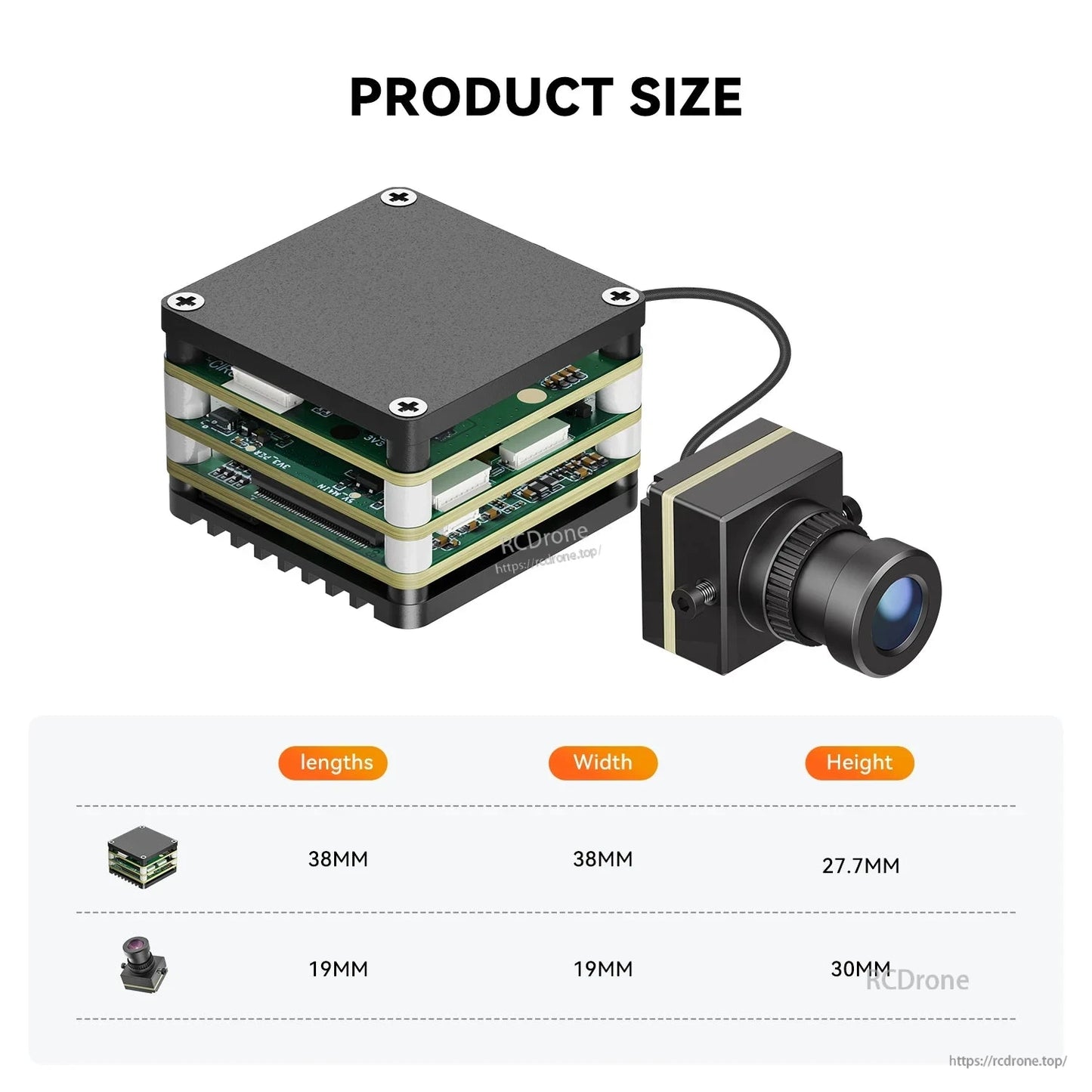 HS Airforce AI VisionCube Kit FPV AI Camera, HS Airforce AI VisionCube Kit: compact FPV camera with 1.2km recognition, PiP, CRSF, compatible with Betaflight/APM/PX4; sizes 38x38x27.7mm and 19x19x30mm.