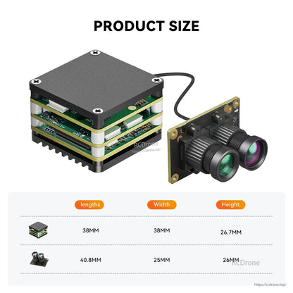 HS Airforce AI VisionCube Kit FPV AI Camera, HS Airforce AI VisionCube Kit: FPV camera with 1.2km recognition, PiP, CRSF, compatible with Betaflight/APM/PX4; compact design, detailed dimensions provided.