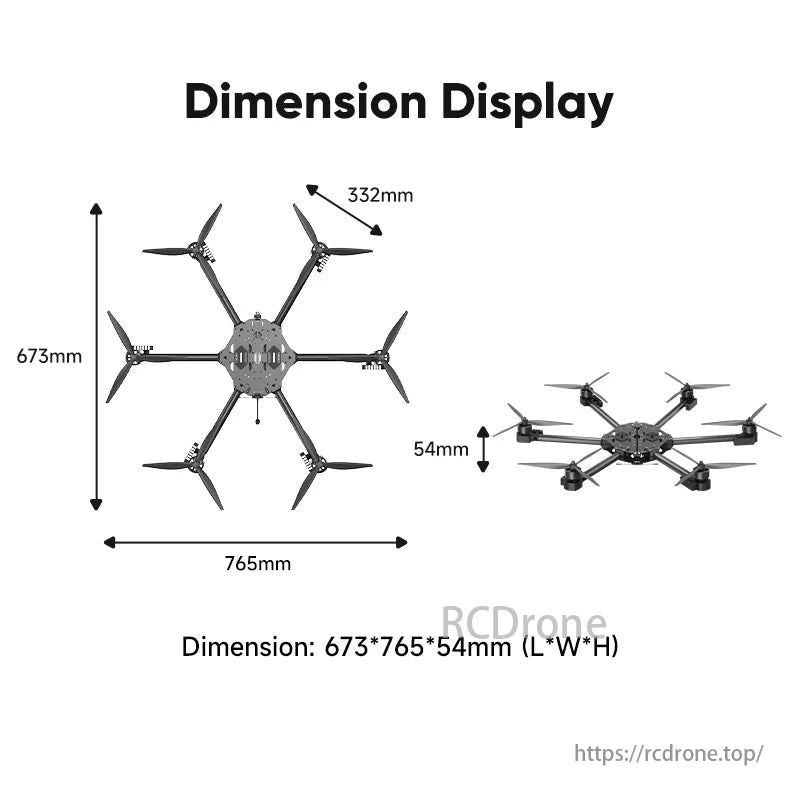 HS-P136M is a 6-axis carbon fiber drone with dimensions of 673mm x 765mm x 54mm (L*W*H).