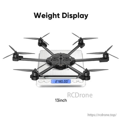 The HS-P136M drone, with a 13-inch size and weighing 2780g, features carbon fiber construction and FPV racing capabilities.