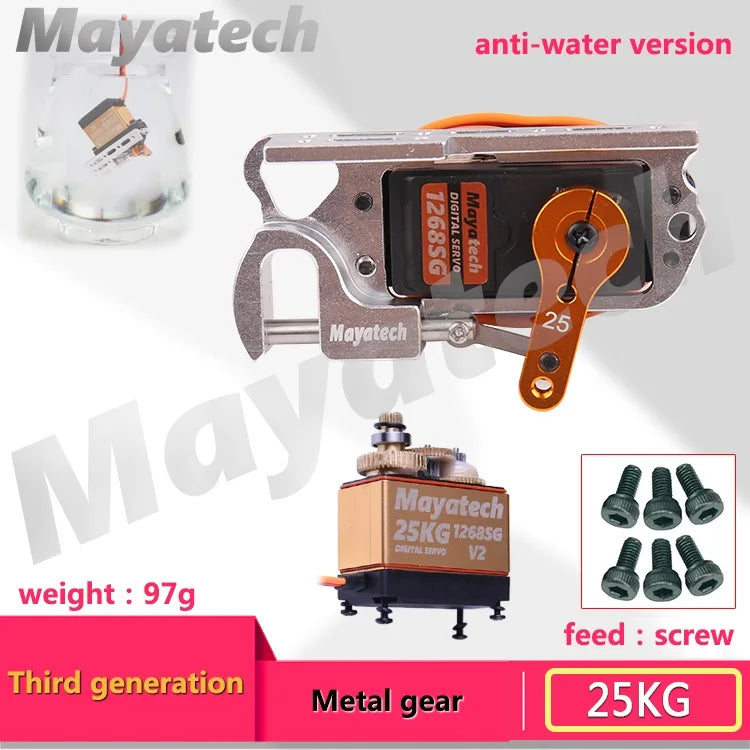 Mayatech Servo device for aerial vehicles, features parabolic switch, servo arm, and tarot dispenser.