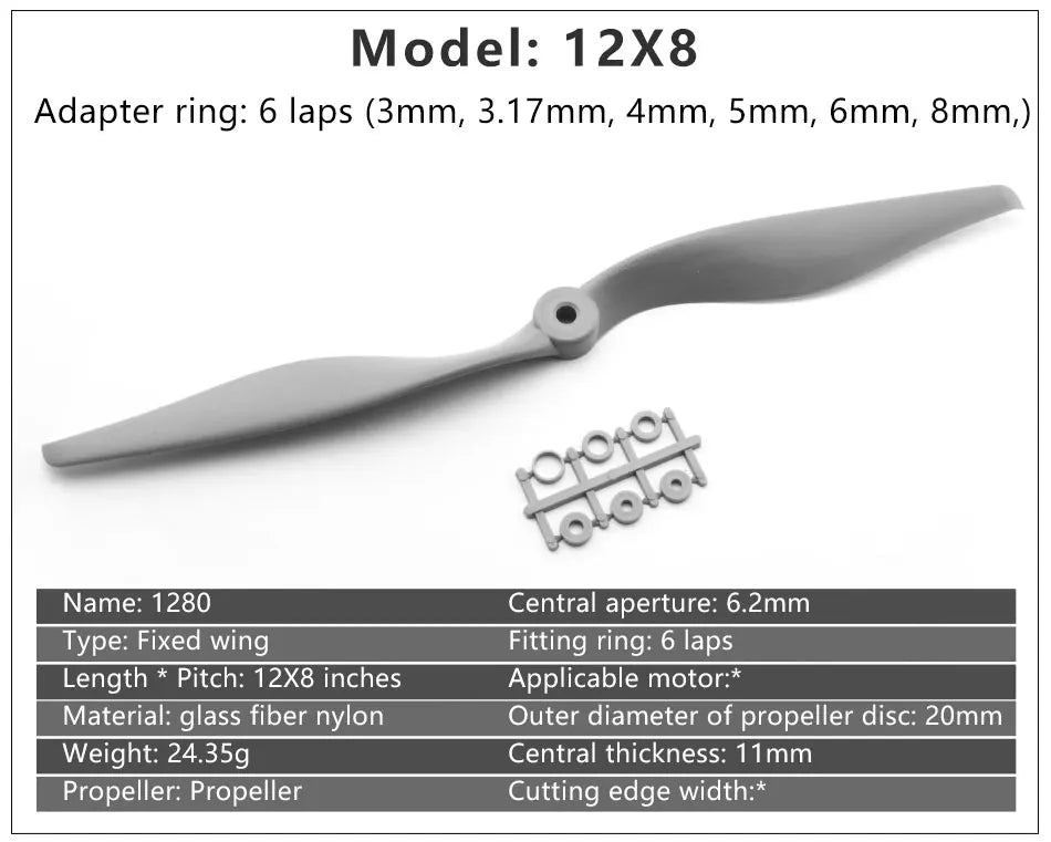 Gemfan Apc Nylon Propeller, 1280 Adapter ring: 6 laps (3mm, 3.17mm, 4