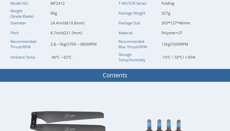 T-MOTOR MF2412 Polymer Folding propeller, MF2412 T-MOTOR Series Folding Weight 96g Package Weight 327