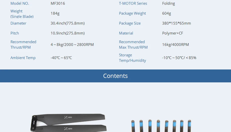 T-MOTOR MF3016 Polymer Folding propeller, MF3016 T-MOTOR Series Folding Weight 184g Package Weight 604