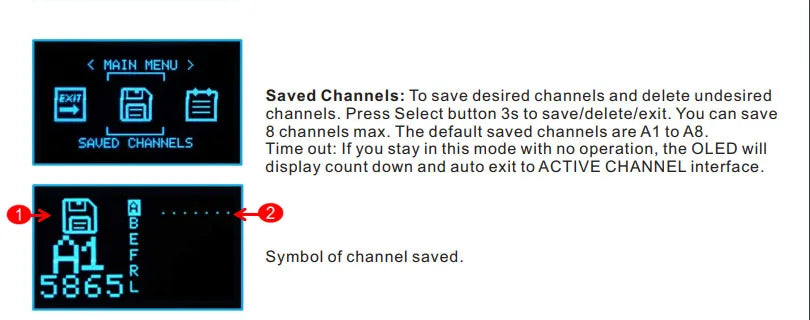AKK diversity Receiver, default saved channels are A1 to A8 SAUED CHANNELS Time out: