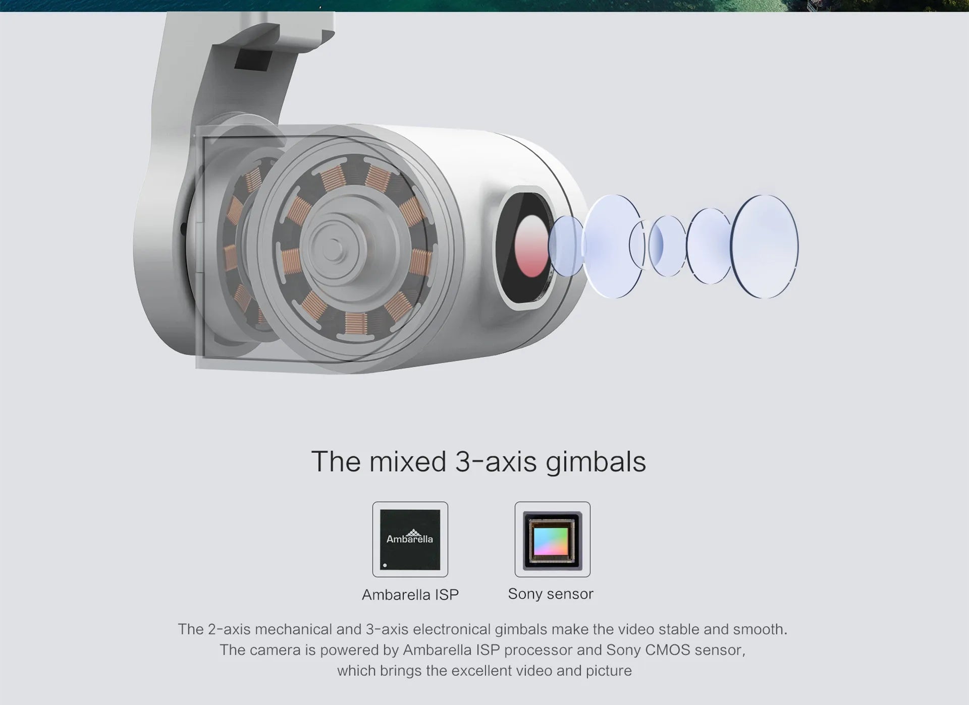 Xiaomi FIMI A3 Drone, the camera is powered by Ambarella ISP processor and Sony CMOS sensor .