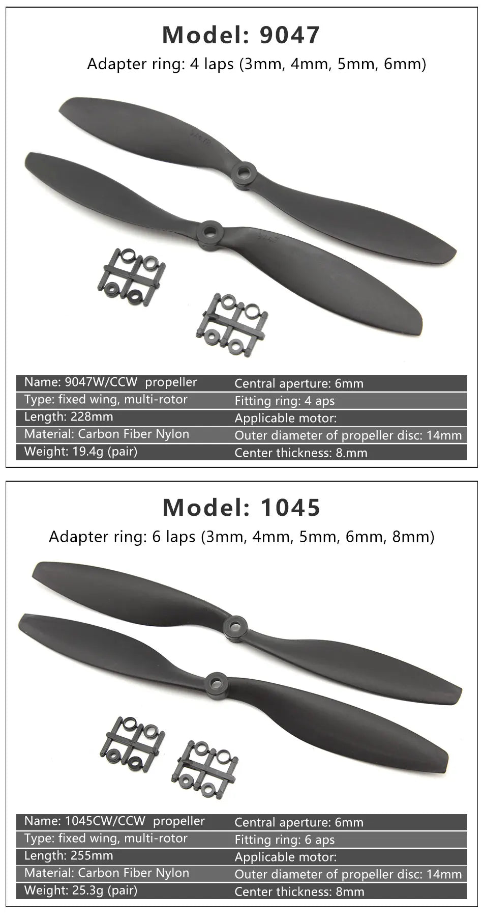 9047W/CCW propeller Central aperture: 6mm Type: fixed wing,