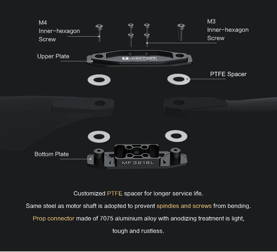 T-MOTOR MF3218 Polymer Folding propeller, PTFE spacer made of 7075 aluminium alloy with anodizing treatment is