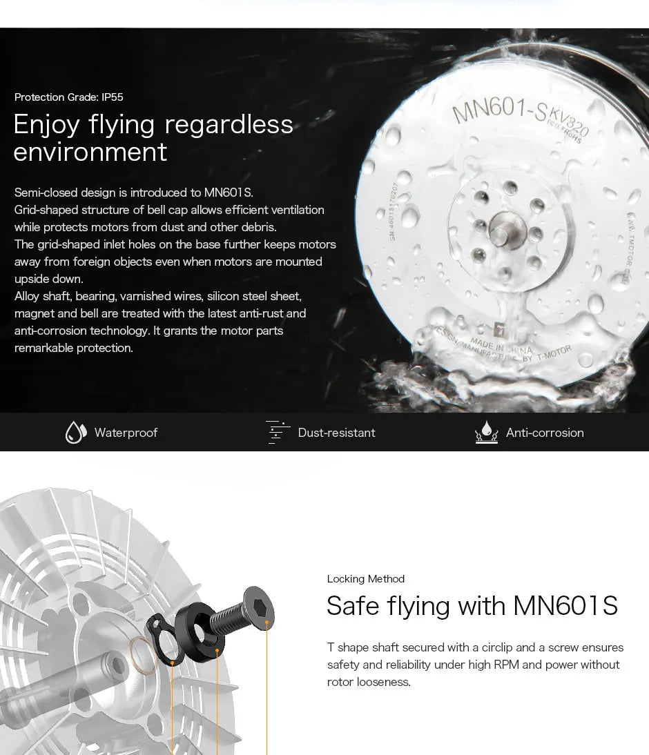 2Pcs/Set T-motor MN601-S KV170 Brushless Motor Max Thrust 6.8KG+ For Quadcopter Hexacopter Multirotor 10 2Pcs/Set T-motor, grid-shaped structure of bell cap allows efficient ventilation while protects motors from dust and other