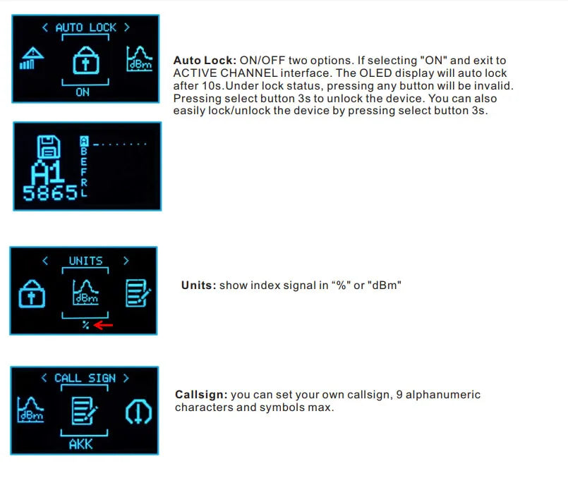 AKK diversity Receiver - Built-in Low Power Buzzer with two RX modules For Fatshark Goggles 11 AKK diversity Receiver, auto lock: ONIOFF two options. if selecting "ON" and exit to