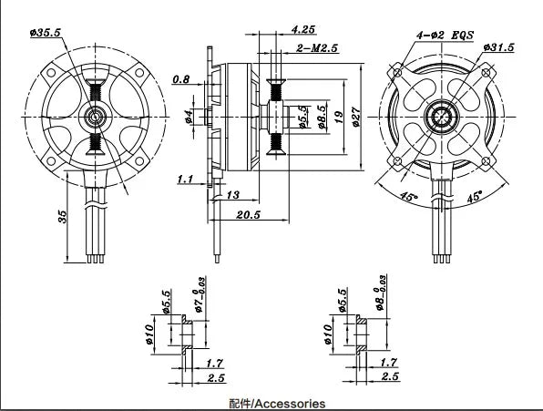SUNNYSKY X2204 20G 2S 1800KV/1480kv 50W Brushless Motor, 340g Thrust HD8040 9047 prop 10 X2204 20G 2S 1800KV/1480kv 50W Brushless