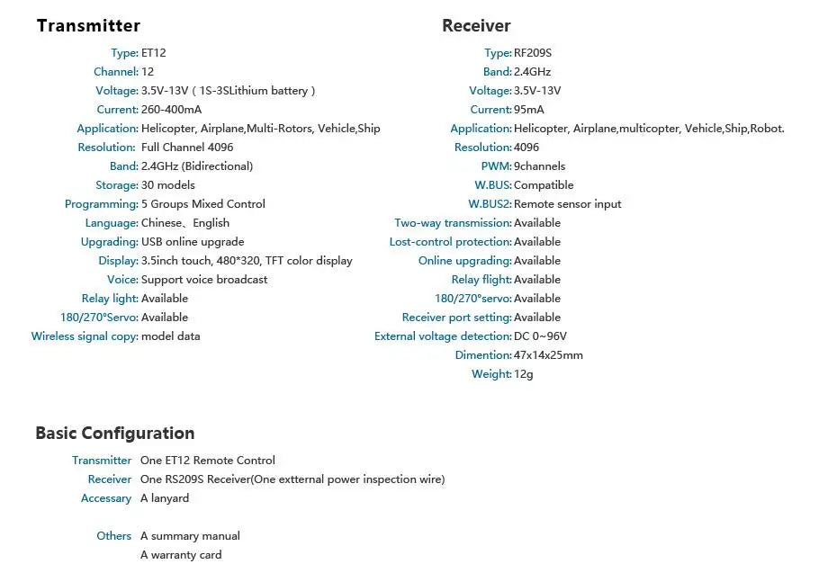 WFLY ET12 2.4GHz Remote Controller, ET12 Remote Control Receiver One RS2OgS Receiver (One ext