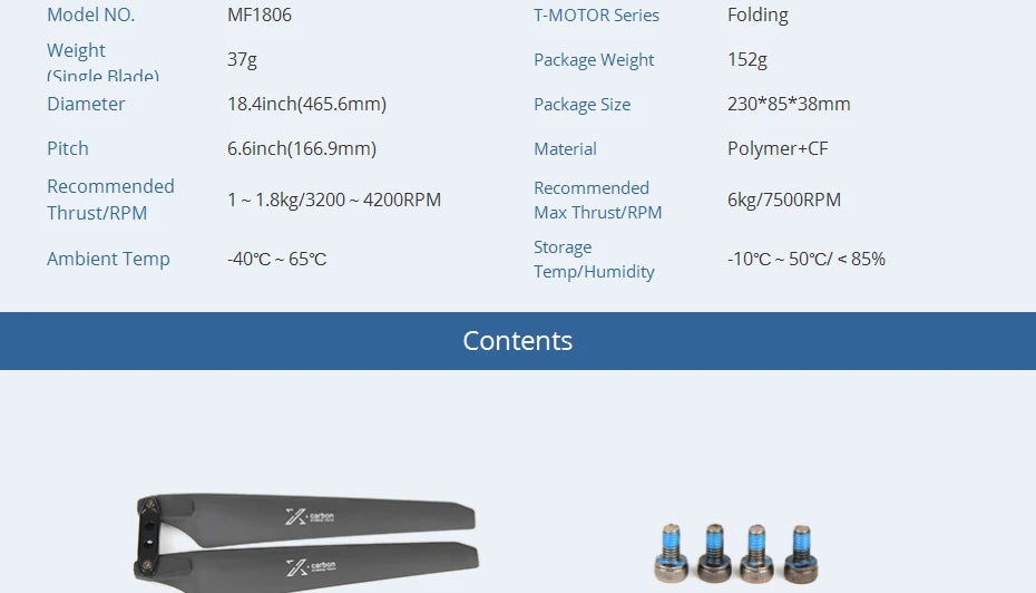 T-motor MF1806 Polymer Folding propeller, Model NO MF1806 T-MOTOR Series Folding Weight 37g Package Weight