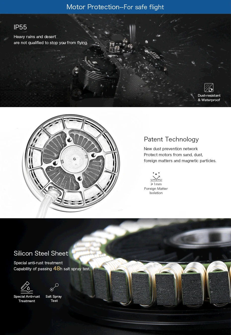 T-motor U8 Lite KV190 Motor - Ultra-light Max Thrust 7KG Silver Winding FOC ESC For UAV RC Quadcopter RC Rotor 10 T-motor, Patent technology protects motors from sand, dust; foreign matters and magnetic particles