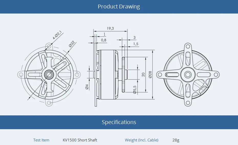 T-MOTOR, Product Drawing 19,3 Specifications Test Item KV1SOO Short Shaft Weight (