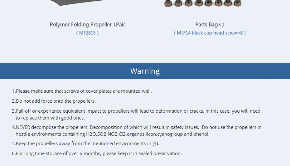 T-MOTOR MF2815 Polymer Folding propeller, tne propellers should not be used in hostile environments containing H2O