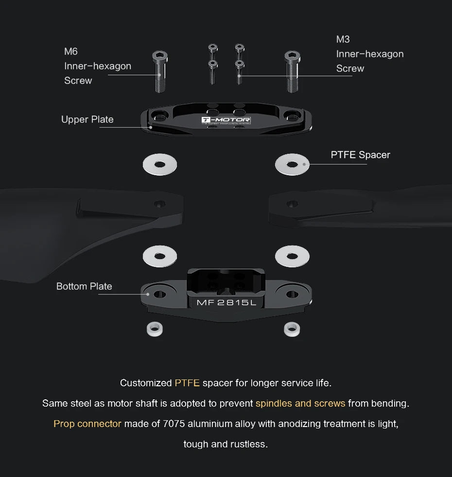 T-MOTOR MF2815 Polymer Folding propeller, 7075 aluminium alloy with anodizing treatment is light; tough and rustless