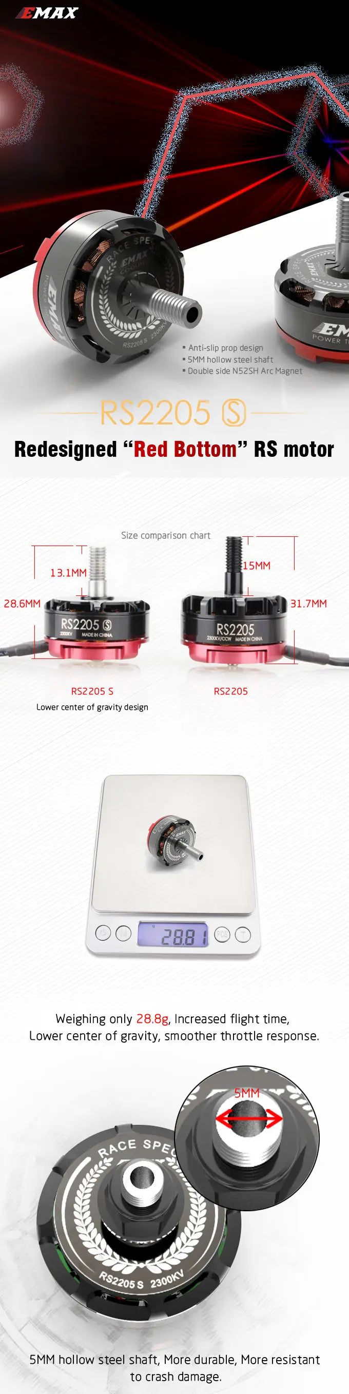 Emax RS2205 S Motor. MAX SPE EI Anti-slip prop design SMM hollow steel shaft .