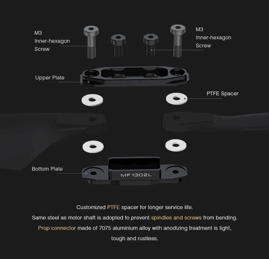 T-motor MF1302 Polymer 13 inch Folding Propeller, PTFE spacer made of 7075 aluminium alloy with anodizing treatment is