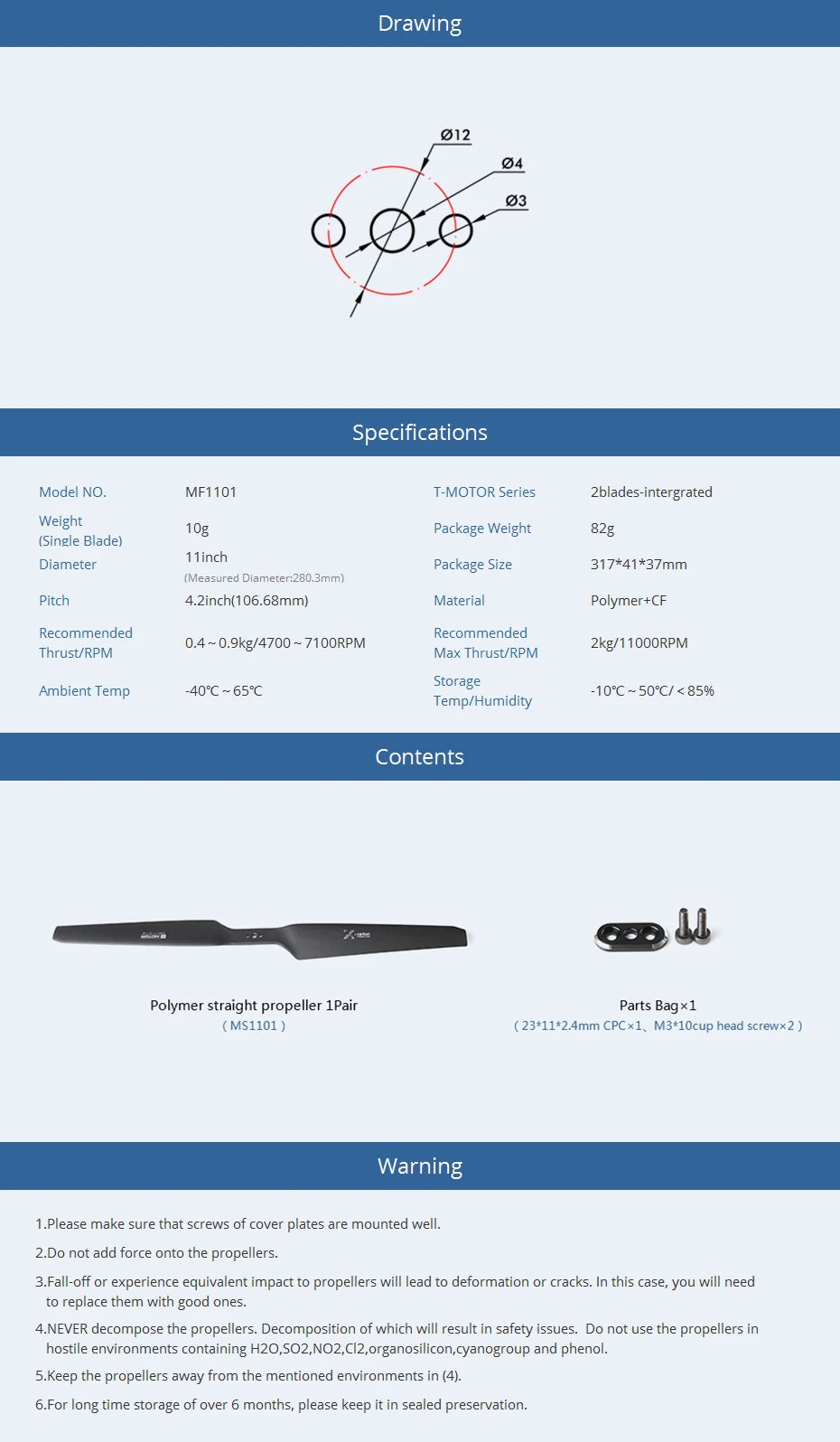 T-motor MS1101 PROP - economy rc 11" propeller, 317*41*37mm (Measured Diameter;280,3