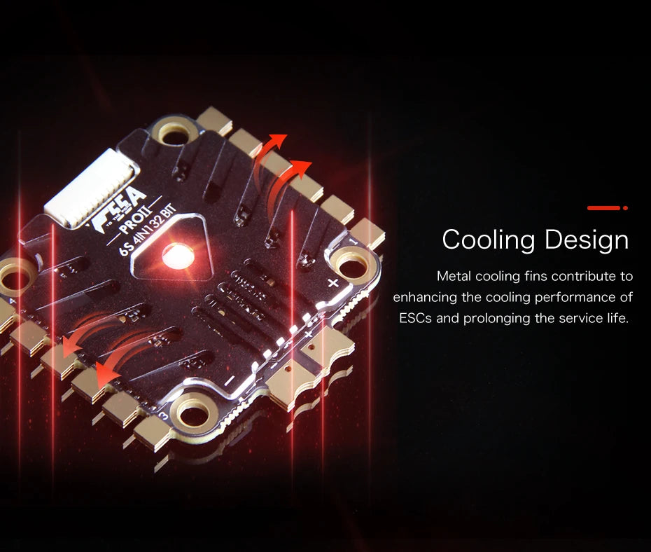 T-MOTOR F55A PRO II 4IN1 32bits ESC, 6 Cooling Design Metal cooling fins contribute to enhancing the cooling performance of ESCs
