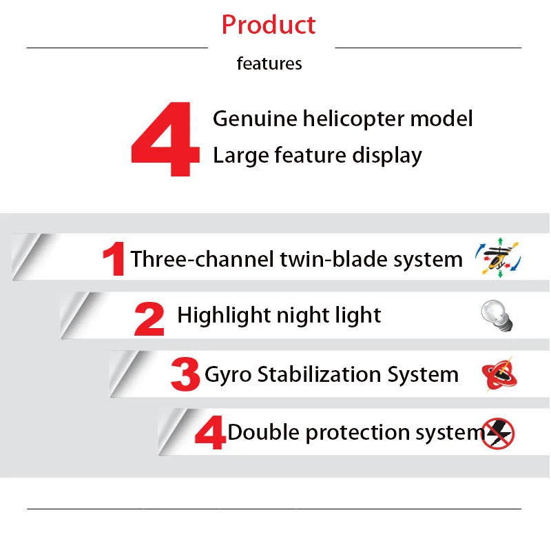 Syma S107G Rc Helicopter, Product features Genuine helicopter model 4 Large feature display Three-channel twin-blade system 2 Highlight
