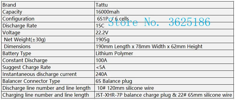 Original TATTU 16000mAh 22.2V 6S LiPO Battery, Brand Tattu Capacity 1600Omah Configuration 6S1P Dis