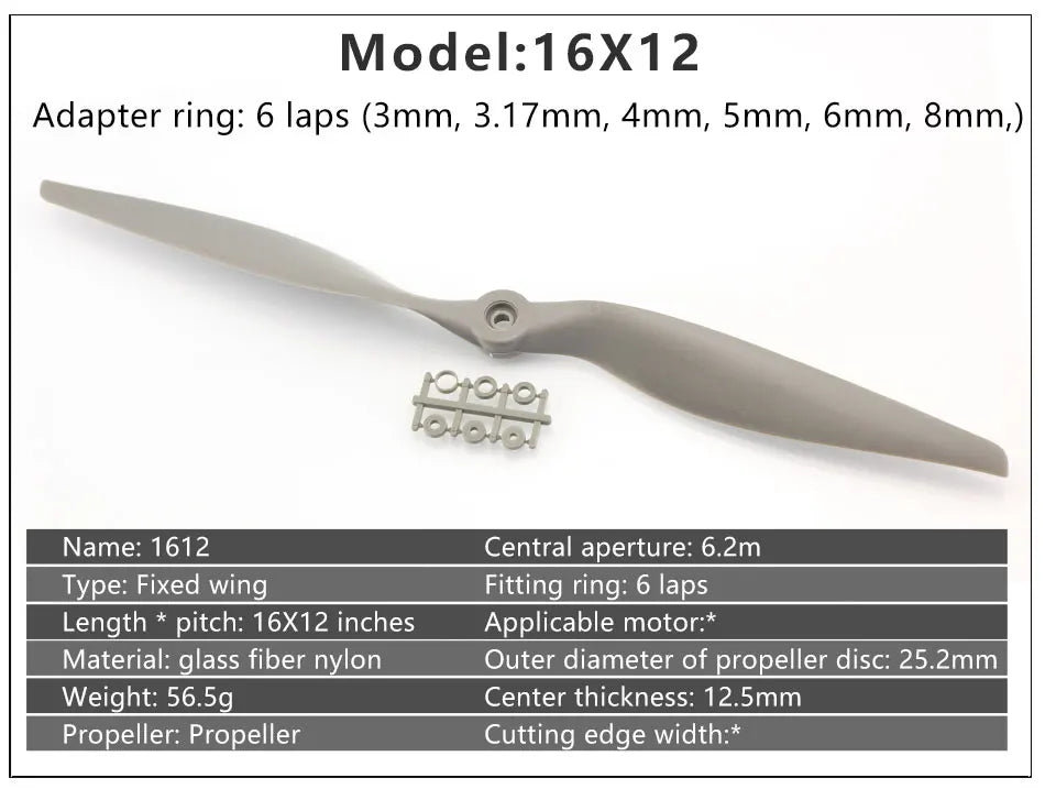 Gemfan Apc Nylon Propeller, 16X12 Adapter ring: 6 laps (3mm, 3.17mm,