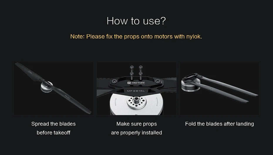 T-MOTOR MF2815 Polymer Folding propeller, fix the props onto motors with nylok: IAMOTON J