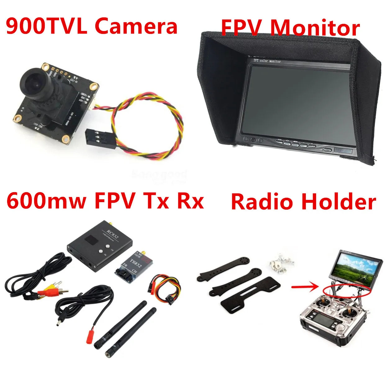2015 New Fpv Kit Combo System 900TVL Camera + 5.8Ghz 600mw VTx VRx + 800x480 HD Sonw Monitor + Radio holder for RC Car
