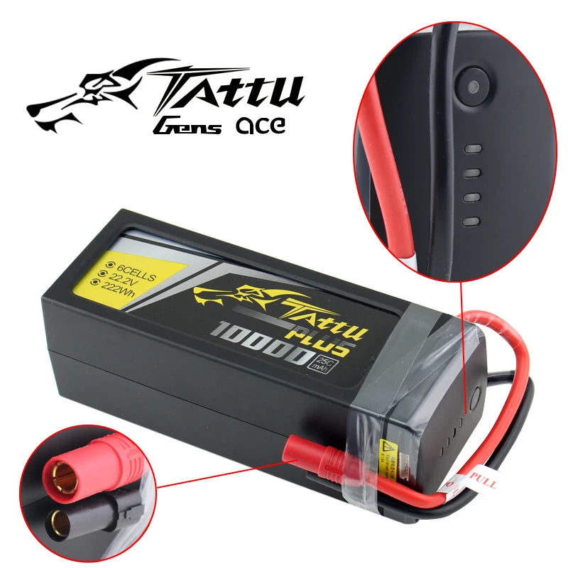 High-capacity lithium-ion battery for RC drones, with 10000mAh capacity and 22.2V voltage.