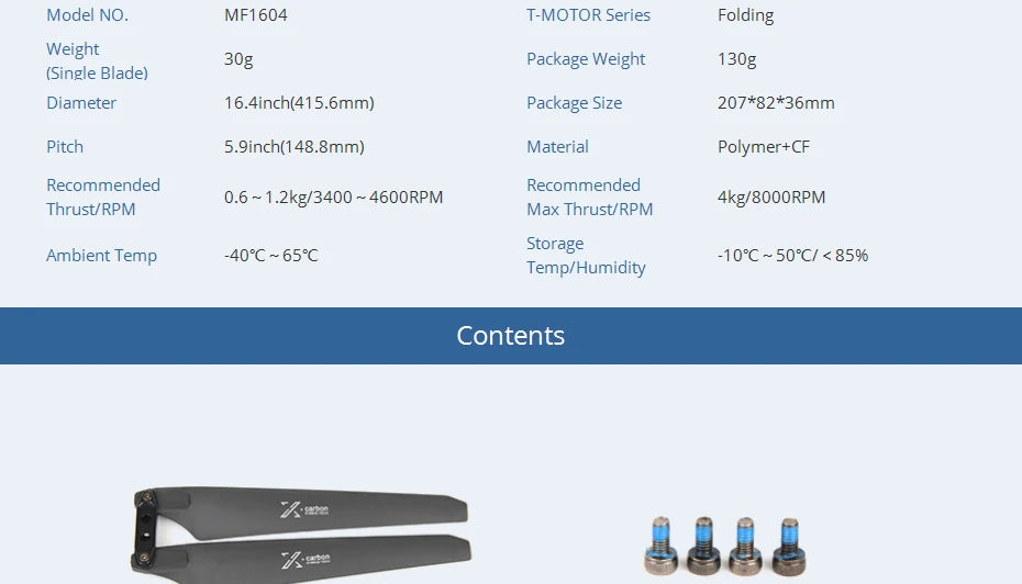 T-motor MF1604 Polymer Folding propeller, MF1604 T-MOTOR Series Folding Weight 30g Package Weight 130g (