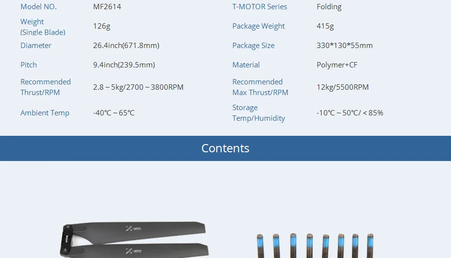 T-MOTOR MF2614 Polymer Folding propeller, MF2614 T-MOTOR Series Folding Weight 126g Package Weight 415