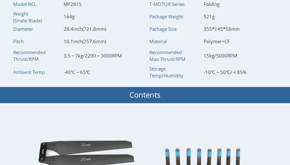 T-MOTOR MF2815 Polymer Folding propeller, MF2815 T-MOTOR Series Folding Weight Package Weight (Single Blade