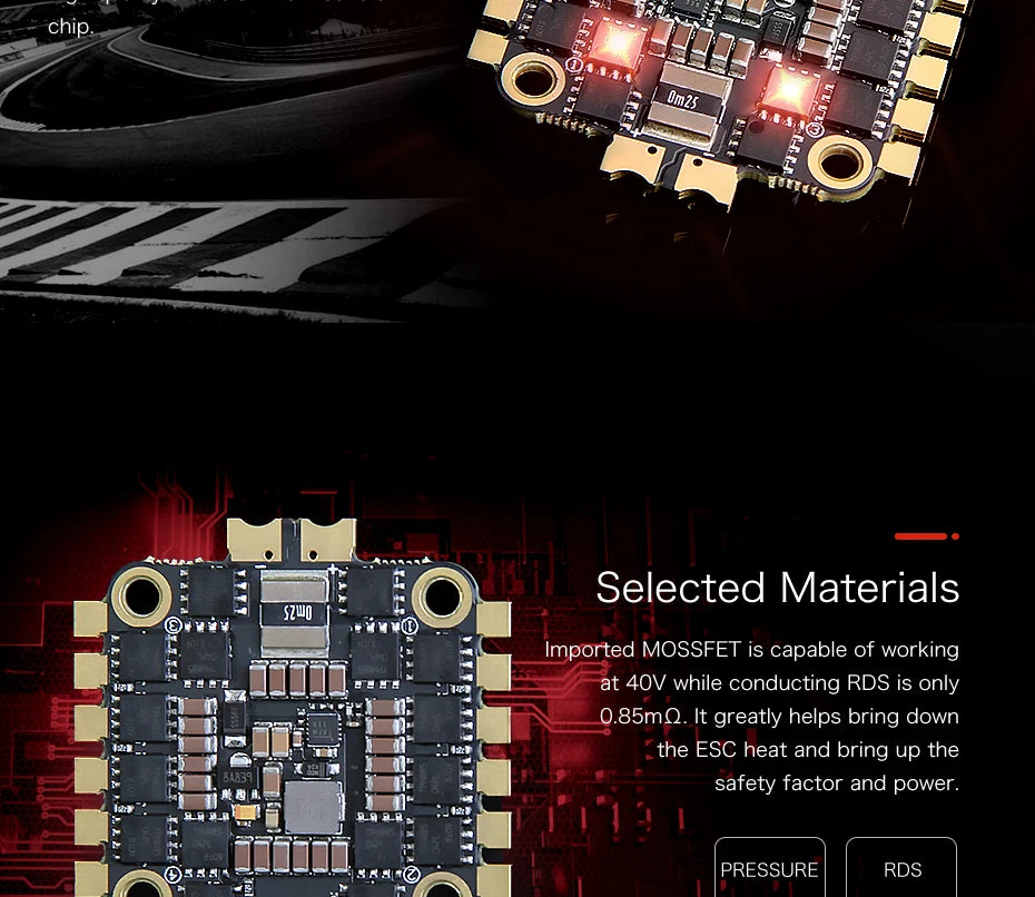 T-MOTOR F55A PRO II 4IN1 32bits ESC, chip is capable of working at 40V while conducting RDS is only 85mQ .