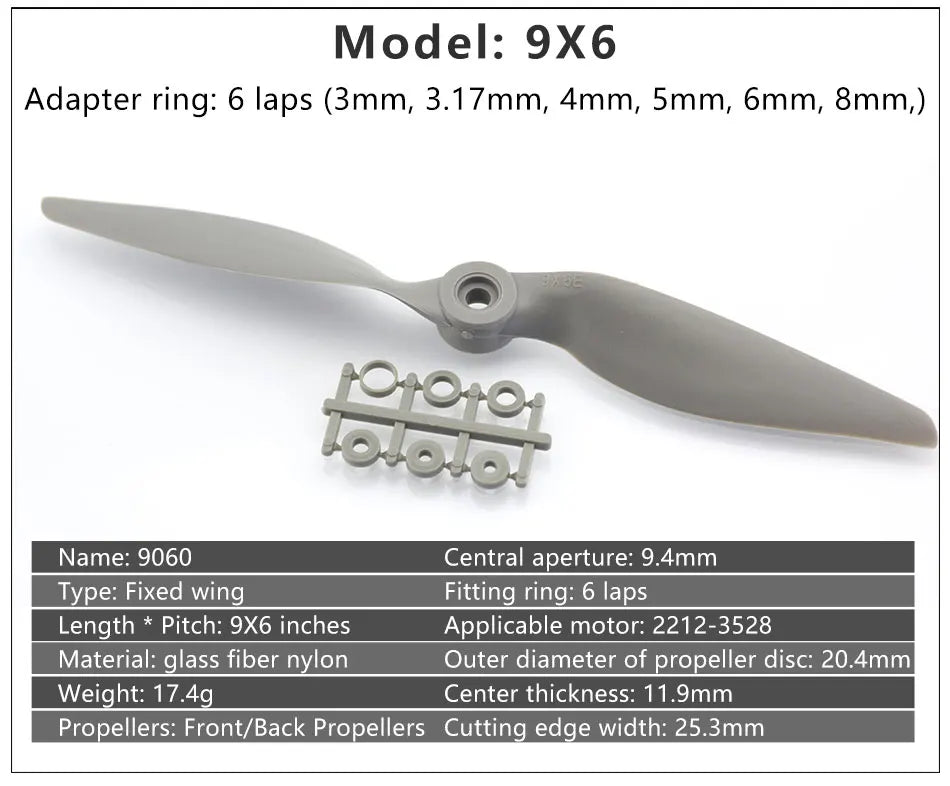 Gemfan Apc Nylon Propeller, Adapter ring: 6 laps (3mm, 3.17mm, 4mm,