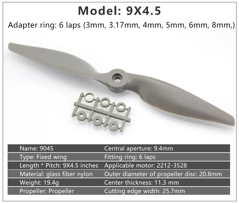 Gemfan Apc Nylon Propeller, 9X4.5 Adapter ring: 6 laps (3mm, 3.17mm,