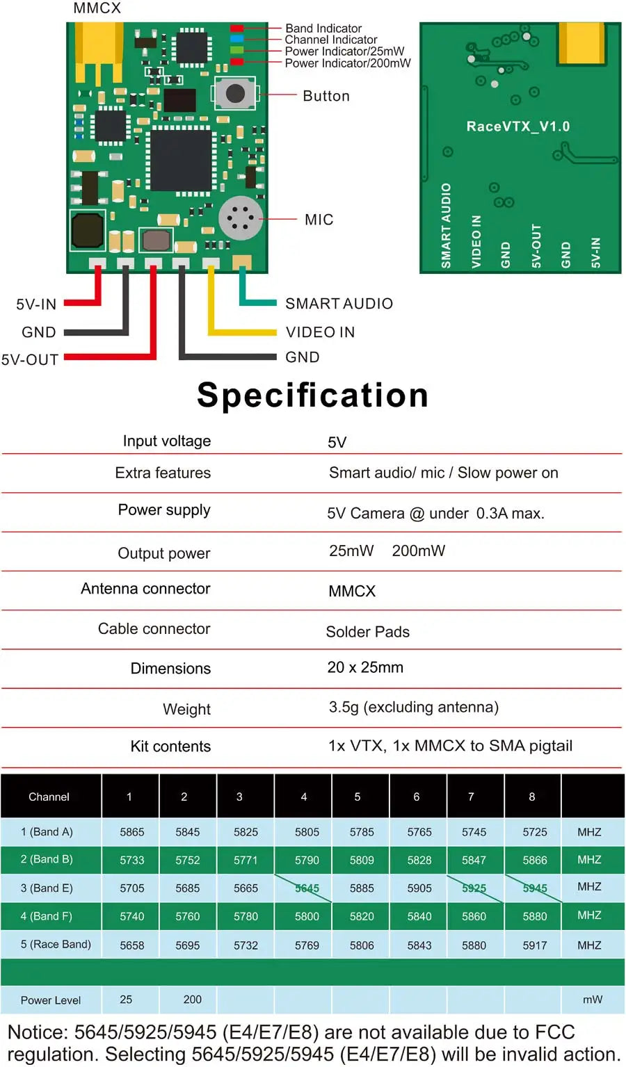 AKK Race VTX - 25mw 200mW switchable OSD configuration smart audio 15 AKK Race VTX, Selecting 5645/5925/5945 (E4/ETIE8) will be invalid