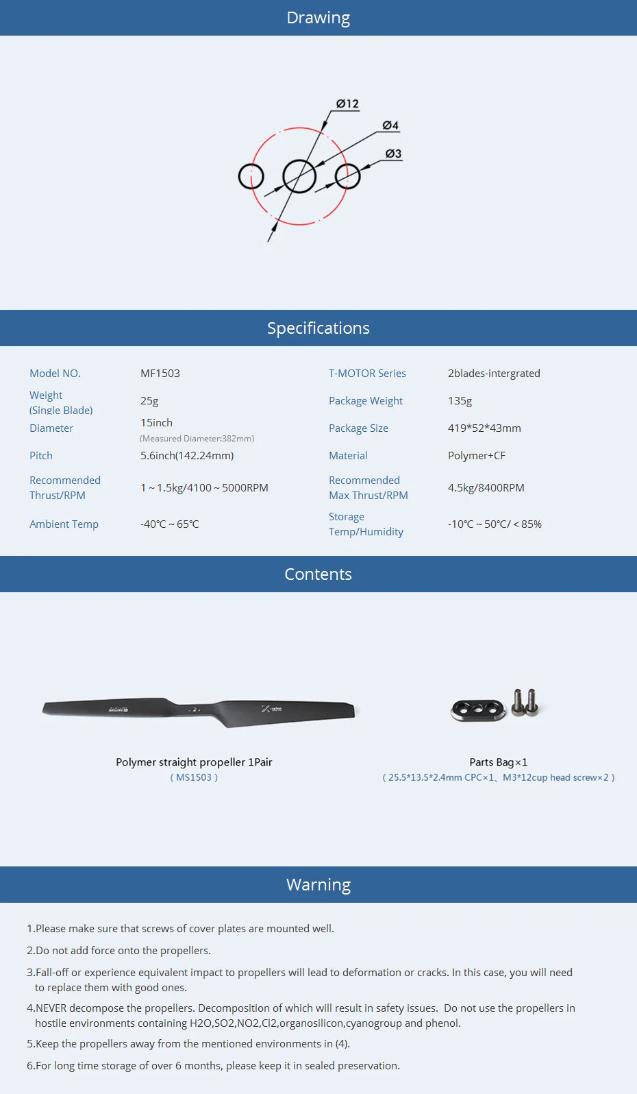 T-motor MS1503 15 inch Propeller, MF1503 T-MOTOR Series Zblades-intergrated Weight 25g
