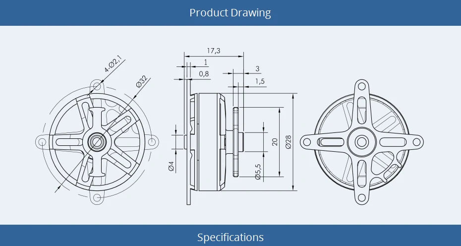 T-MOTOR AT2304 Short Shaft Motor - KV1500/1800/2300 BRUSHLESS MOTOR Thrust 544g for F3P racing fixed wing rc drone 12 T-MOTOR, Product Drawing 17,3 Specific