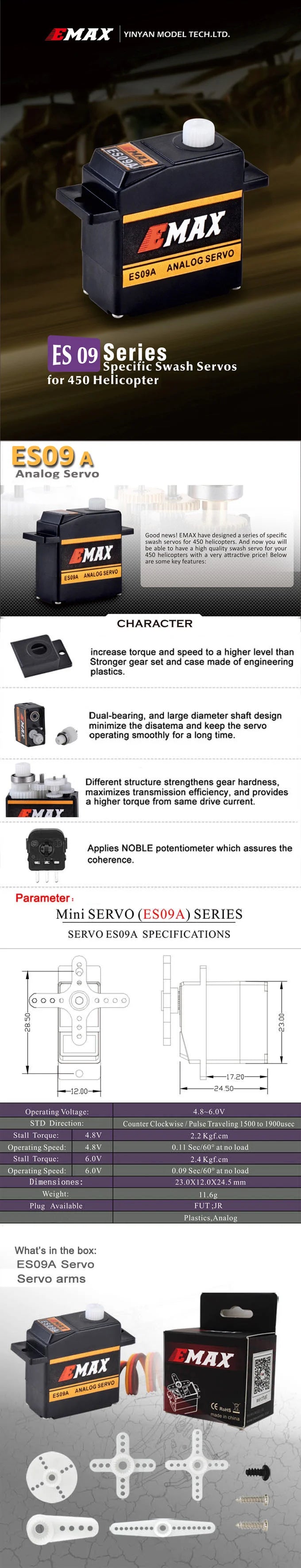 EMAX ES09A Servo, EMAX have designed series of specific swash servos for 450