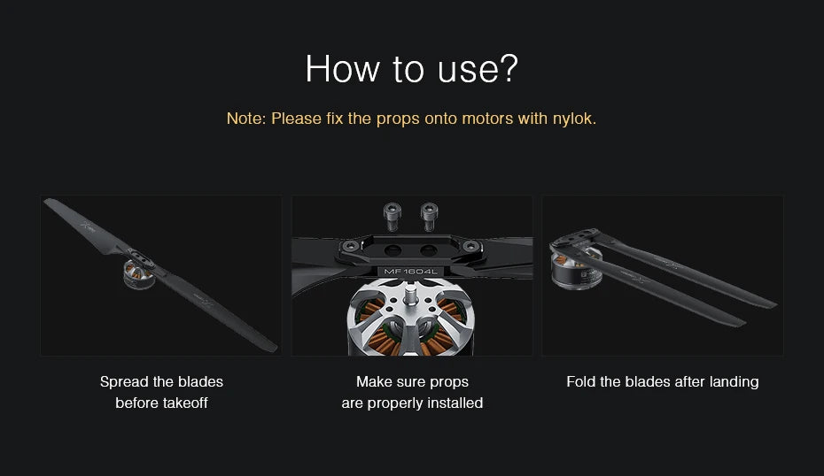 T-motor MF1604 Polymer Folding propeller, fix props onto motors with nylok: JCD Spread the blades