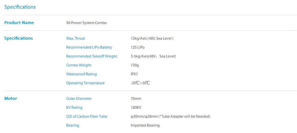 Hobbywing X6 Power System Combo: 12kg thrust, IPX7 waterproof, suitable for takeoff weights up to 3kg.