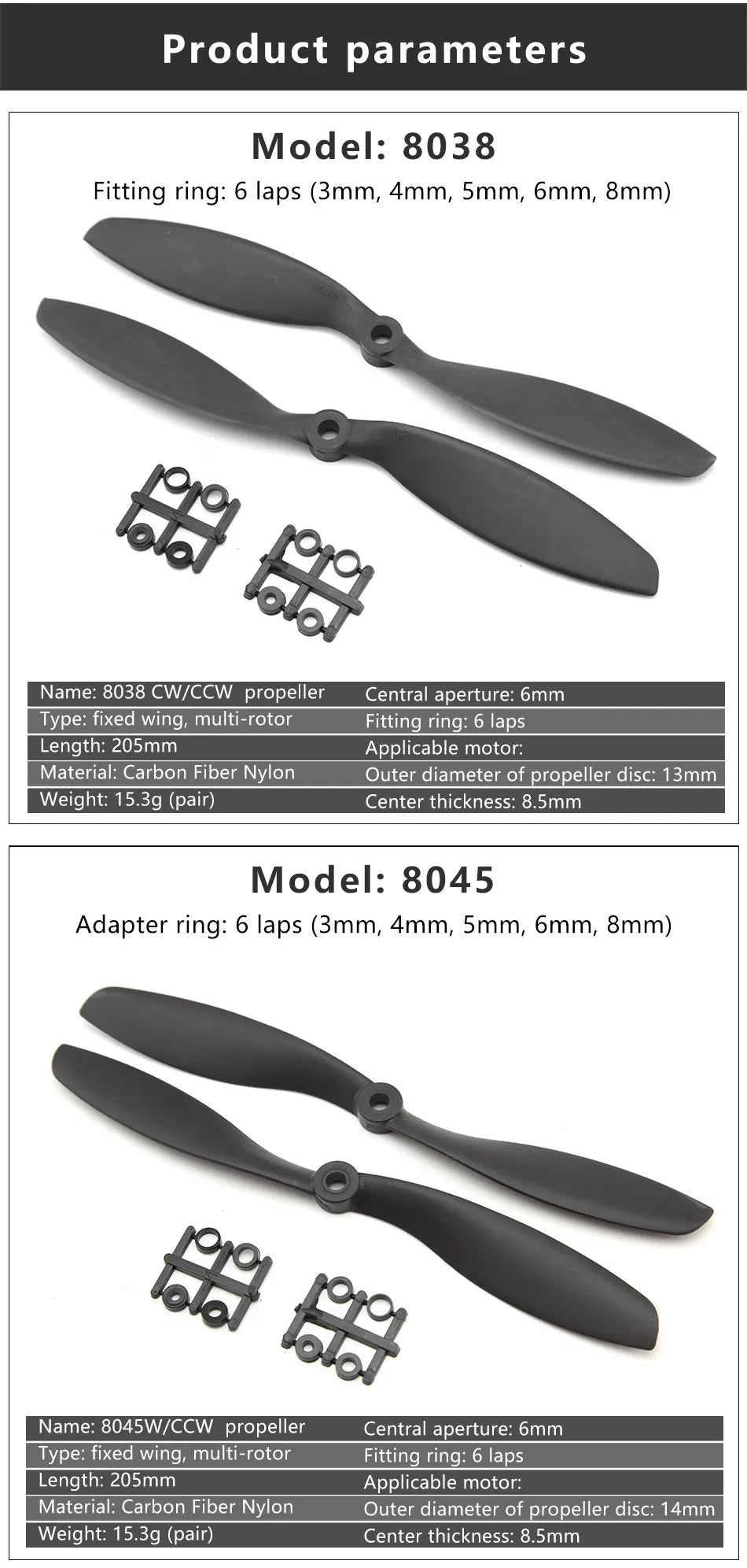 8038 CWICCW propeller Central aperture: 6mm Type: fixed wing;