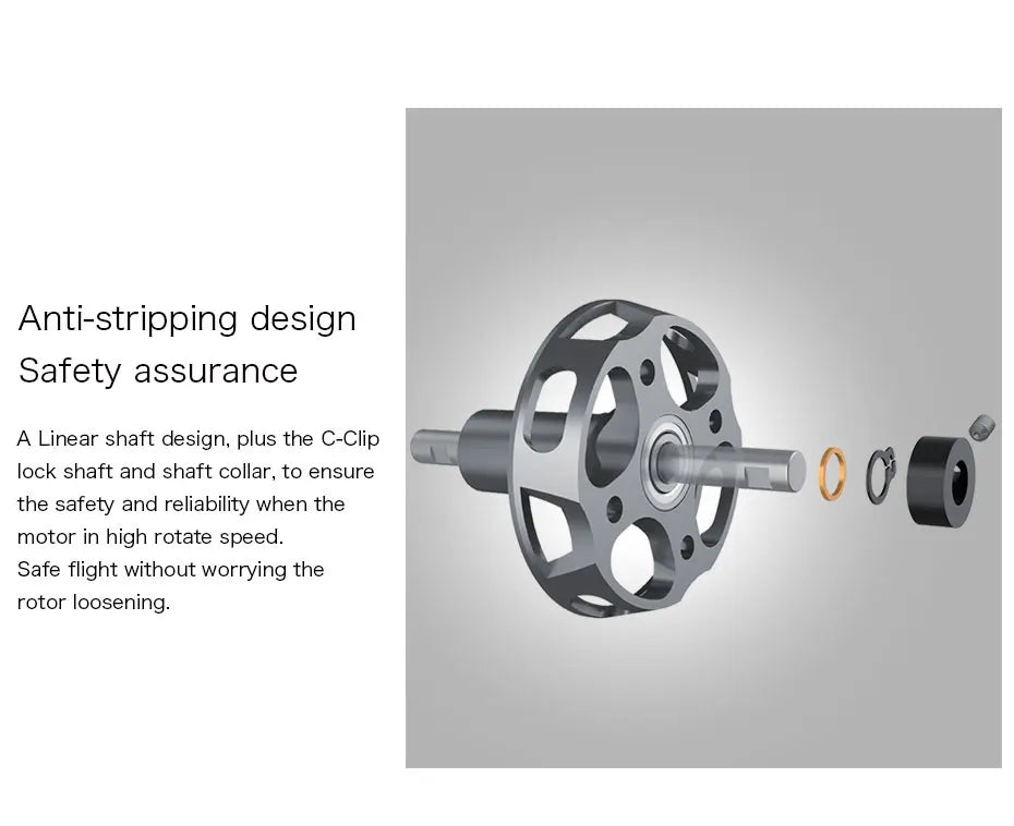 T-MOTOR, anti-stripping design Safety assurance A Linear shaft design; plus the C-C