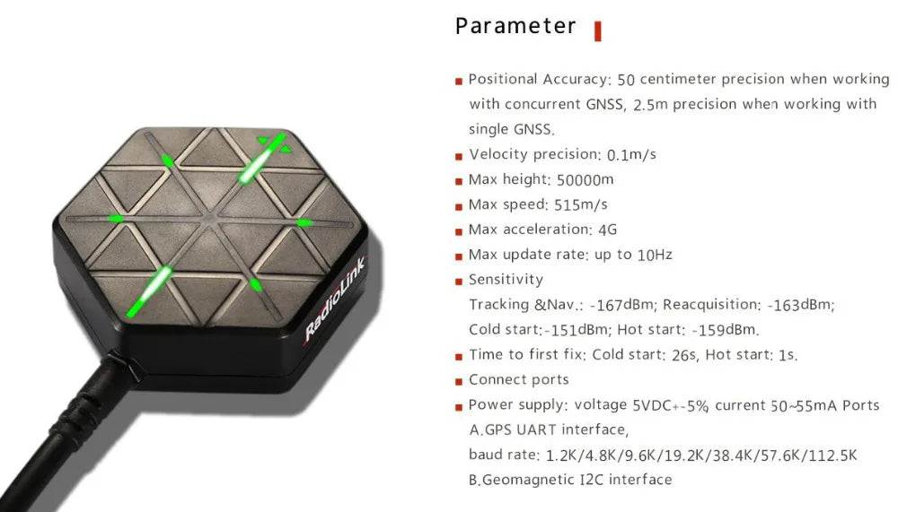 Radiolink Pixhawk PIX APM 32 Bit Flight Controller - FC with GPS Module M8N SE100 for RC Drone Quadcopter/6-8 Axis Multirotor 14 167dBm; Reacquisition: -163dbm; Cold start: