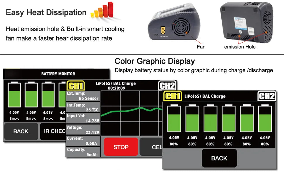 HTRC T400/T240/T150 Lipo Charger - Dual Channel Touch Screen Balance Discharger AC 200W DC 400W Battery Charger For RC Model Toys 17 HTRC T400/T240/T150 Lipo Charger, Feann fan make a faster hear dissipation rate BATTERY
