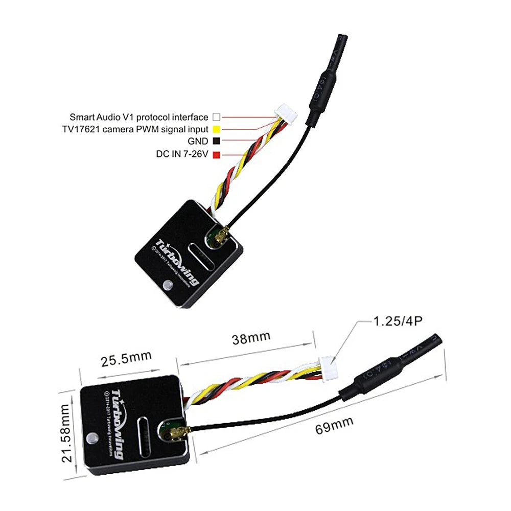 TURBOWING TX1769 5.8G 25/200mW Video Transmitter Module + CYCLOPS V3 TV17621 720P DVR Camera for FPV Racing Drone 13 Smart Audio V1 protocol interface TV17621 camera PWM signal input GND DC IN 7