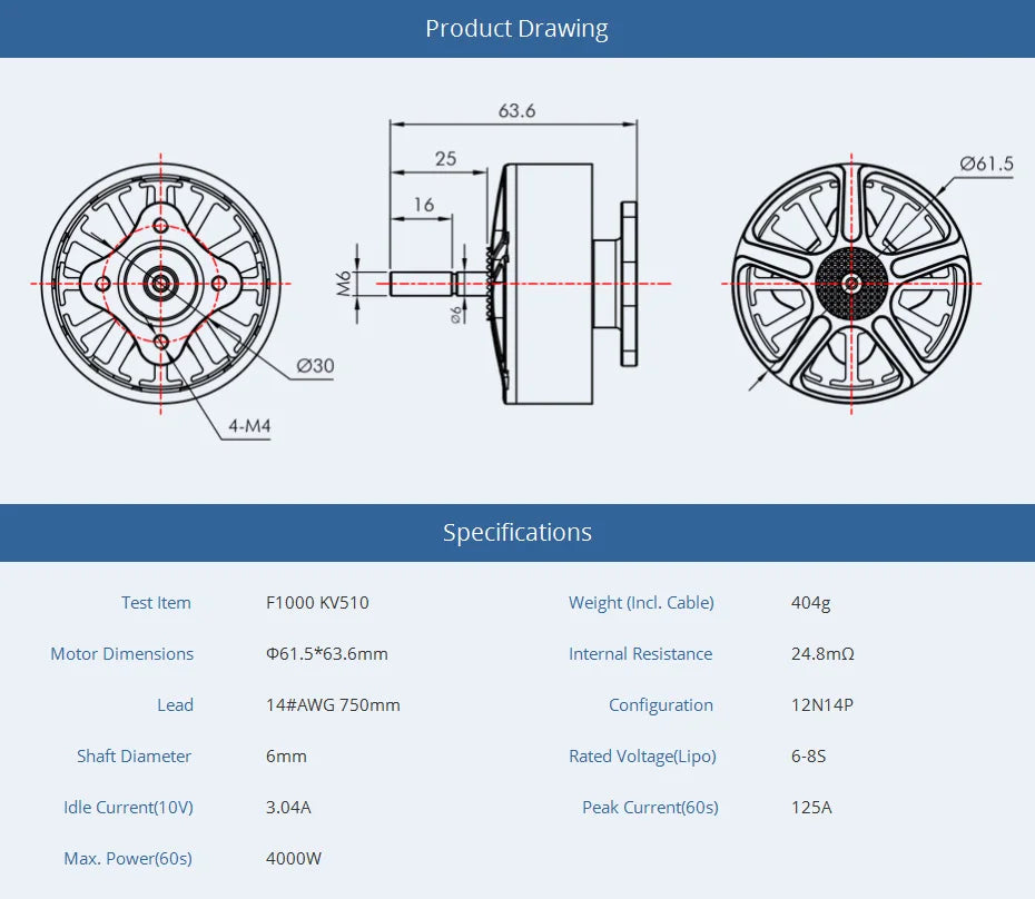 T-MOTOR F1000 KV300 KV510 Brushless Motor Max Thrust 6.5KG for X class FPV racing drone DRL 9 T-MOTOR, 404g Motor Dimensions 061.5*63.6mm Interna Resistance 24.8m